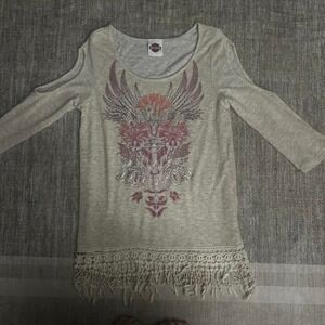 Women's Cream Harley Davidson long sleeve large top‎ with fringe #fringetop